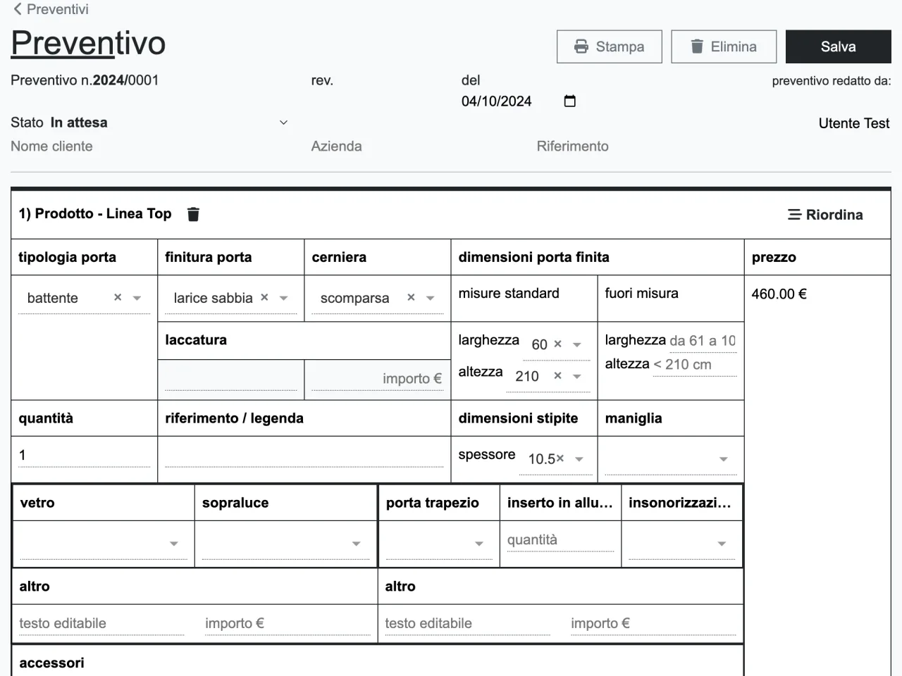 Applicazione preventivi Gruccia Design, homepage configuratore serramenti